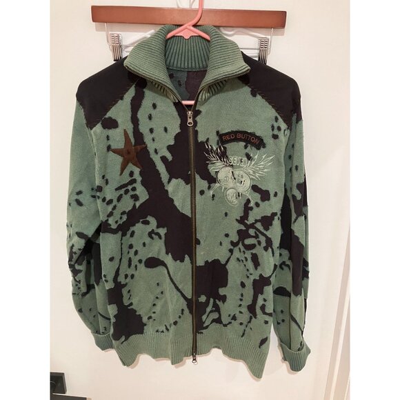 Women's Vintage Camo Mixed Media Full Zip Sweater, Camo, Medium - Picture 1 of 6
